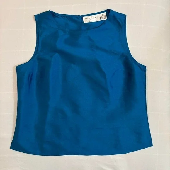 Electric Blue Silk Sleeveless Blouse VTG Y2K Silk Lore Beth Terrell M/L Fitted - Picture 7 of 7